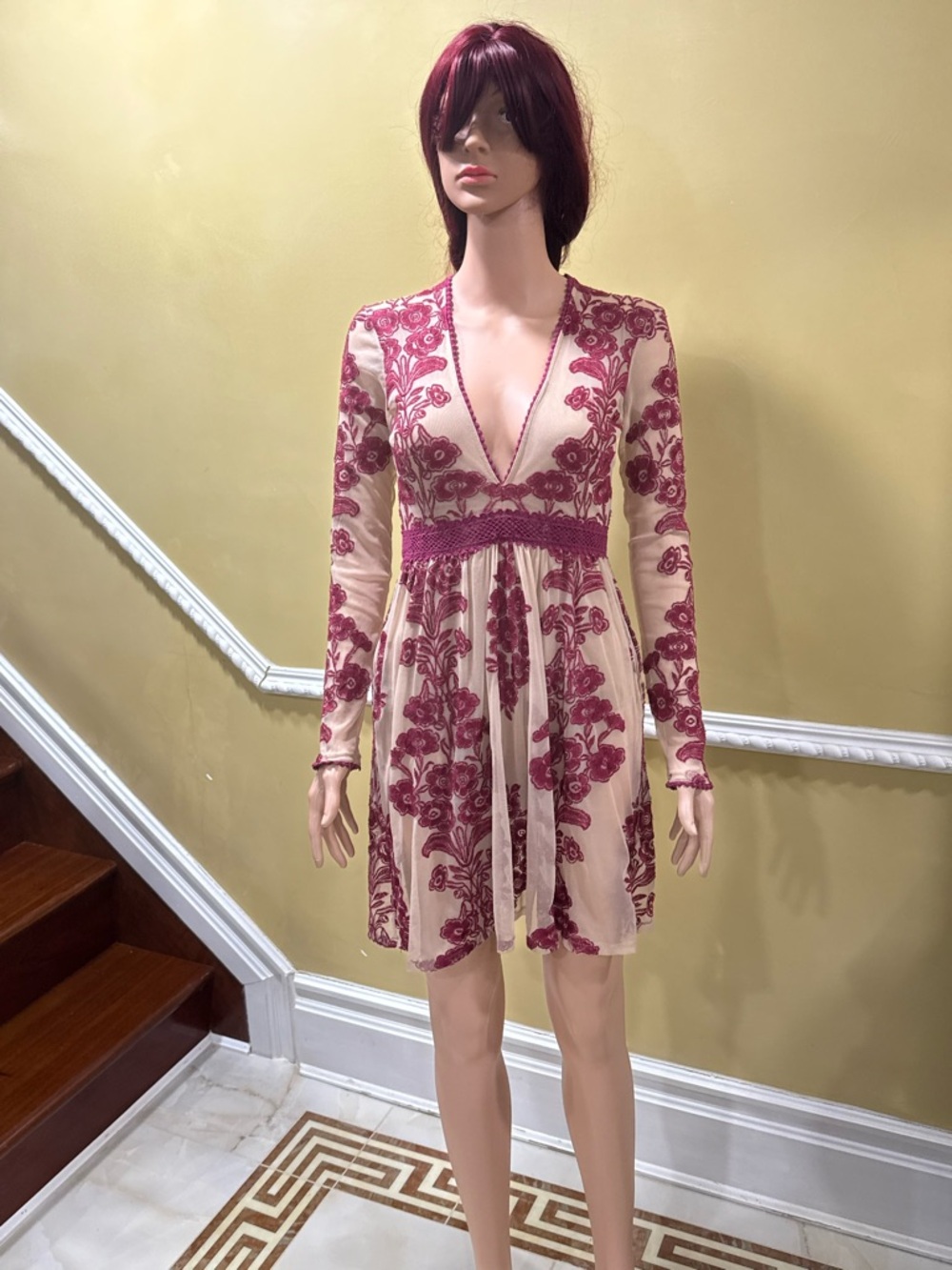 For Love & Lemons Cream Dress with Rose Pink Floral Lace